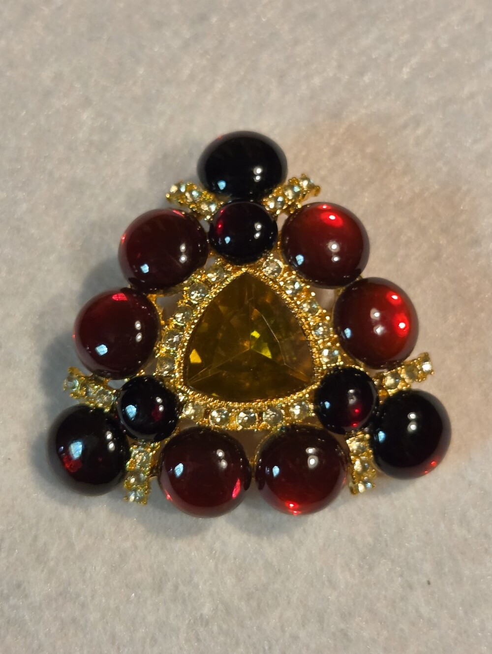 Vintage Geometric Red and Amber Colored Cabachon Rhinestone Cocktail Brooch /Pin
